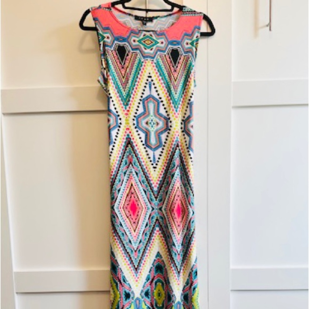 SNAP Dress Maxi S/L Summer Bright Geo Pink Multi Print Stretchy NWT Sz M